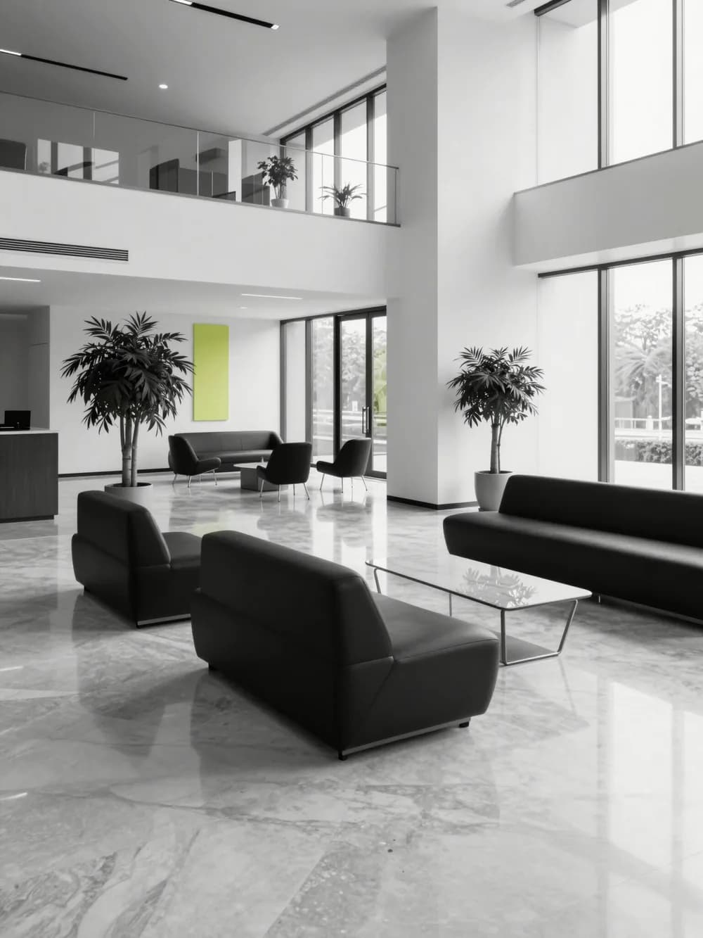 Hall de entrada de um edifício corporativo, limpo e organizado
